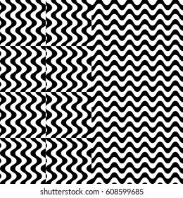 Vector seamless pattern. Alternating background, design template with striped black white wave curve lines. Backdrop, texture with optical illusion effect. Vertical dynamic tiles in op art style.