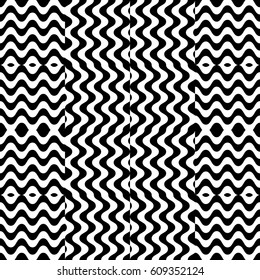 Vector seamless pattern. Alternating background, design template with striped black white wave curve lines. Backdrop, texture with optical illusion effect. Vertical dynamic tiles in op art style.