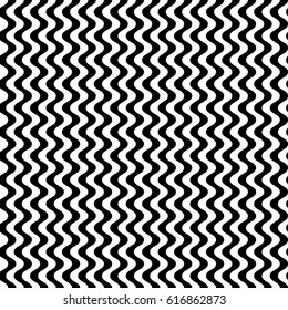 Vector seamless pattern. Alternating background, design template with striped black white wave curve lines. Backdrop, texture with optical illusion effect. Vertical dynamic tiles in op art style.
