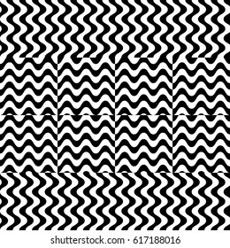 Vector seamless pattern. Alternating background, design template with striped black white wave curve lines. Backdrop, texture with optical illusion effect. Horizontal dynamic tiles in op art style.