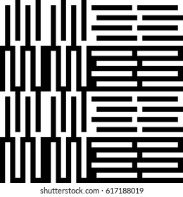 Vector seamless pattern. Alternating background, figurative design with striped black white lines. Backdrop, texture with mechanical geometry. Vertical industrial tile, lattice, grille.