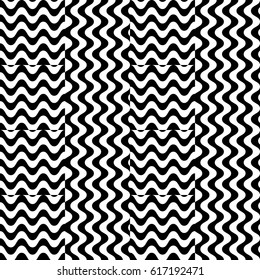Vector seamless pattern. Alternating background, design template with striped black white wave curve lines. Backdrop, texture with optical illusion effect. Vertical dynamic tiles in op art style.
