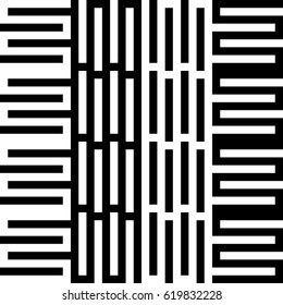 Vector seamless pattern. Alternating background, figurative design with striped black white lines. Backdrop, texture with mechanical geometry. Vertical industrial tile, lattice, grille.