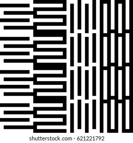 Vector seamless pattern. Alternating background, figurative design with striped black white lines. Backdrop, texture with mechanical geometry. Vertical industrial tile, lattice, grille.