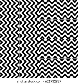 Vector seamless pattern. Alternating background, design template with striped black white wave curve lines. Backdrop, texture with optical illusion effect. Vertical dynamic tiles in op art style.