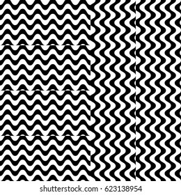 Vector seamless pattern. Alternating background, design template with striped black white wave curve lines. Backdrop, texture with optical illusion effect. Vertical dynamic tiles in op art style.
