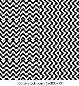 Vector seamless pattern. Alternating background, design template with striped black white wave curve lines. Backdrop, texture with optical illusion effect. Vertical dynamic tiles in op art style.
