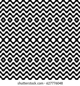 Vector seamless pattern. Alternating background, design template with striped black white wave curve lines. Backdrop, texture with optical illusion effect. Horizontal dynamic tiles in op art style.