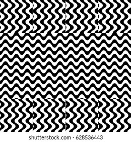 Vector seamless pattern. Alternating background, design template with striped black white wave curve lines. Backdrop, texture with optical illusion effect. Horizontal dynamic tiles in op art style.