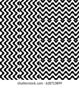 Vector seamless pattern. Alternating background, design template with striped black white wave curve lines. Backdrop, texture with optical illusion effect. Vertical dynamic tiles in op art style.