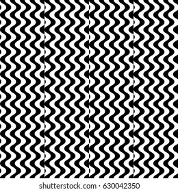 Vector seamless pattern. Alternating background, design template with striped black white wave curve lines. Backdrop, texture with optical illusion effect. Vertical dynamic tiles in op art style.