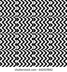 Vector seamless pattern. Alternating background, design template with striped black white wave curve lines. Backdrop, texture with optical illusion effect. Horizontal dynamic tiles in op art style.