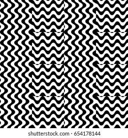 Vector seamless pattern. Alternating background, design template with striped black white wave curve lines. Backdrop, texture with optical illusion effect. Vertical dynamic tiles in op art style.