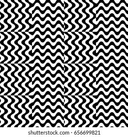 Vector seamless pattern. Alternating background, design template with striped black white wave curve lines. Backdrop, texture with optical illusion effect. Vertical dynamic tiles in op art style.