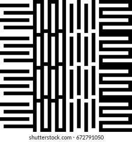 Vector seamless pattern. Alternating background, figurative design with striped black white lines. Backdrop, texture with mechanical geometry. Vertical industrial tile, lattice, grille.