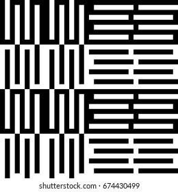 Vector seamless pattern. Alternating background, figurative design with striped black white lines. Backdrop, texture with mechanical geometry. Vertical industrial tile, lattice, grille.