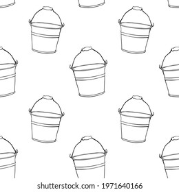 Vector seamless pattern of aluminum metal buckets with handle. Background and texture of contour elements in the doodle style