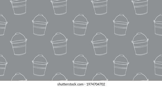 Vector seamless pattern of aluminum metal buckets with handle. Background and texture of contour elements in the doodle style