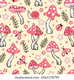Vector seamless pattern of amanita mushrooms and insects. Crazy mushrooms. Stylized mushrooms of red colors on a yellow background