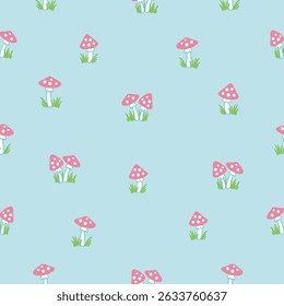 Vetor sem emenda padrão cogumelos Amanita em um fundo azul claro