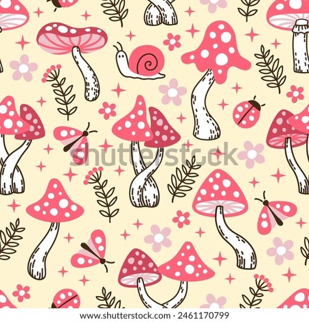 Vector seamless pattern of amanita mushrooms and insects. Crazy mushrooms. Stylized mushrooms of red colors on a yellow background