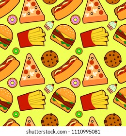 Vector seamless pattern with american fast food. Fun and bright colorful background. Wallpaper with an image tasty foot.