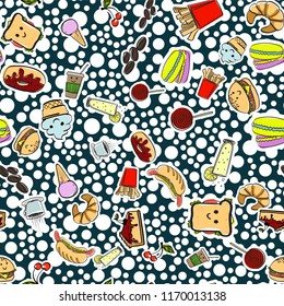 Vector seamless pattern with American fast food. Cheerful and bright colorful background. Wallpaper with a picture of delicious food