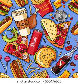 Vector seamless pattern with american fast food. Fun and bright colorful background. Wallpaper with an image tasty foot. 
