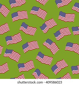 Vector seamless pattern: American flags on a green background.