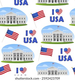 Vector seamless pattern with American symbols includes White House building, American flags, lettering I love USA isolated on white background.