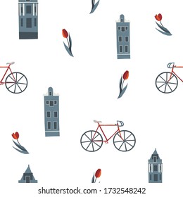 Patrón vectorial sin fisuras con los símbolos de Amsterdam. Fondo blanco, tulipanes rojos, bicicletas y fachadas típicas anticuadas