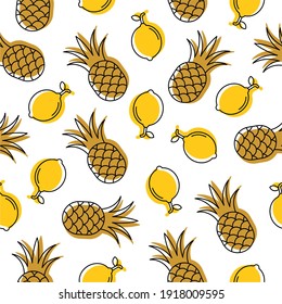Vector seamless pattern with ananas and lemon. Pattern with stylized fruits. Vector illustration