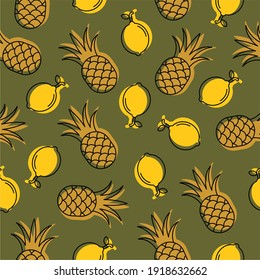 Vector seamless pattern with ananas and lemon. Pattern with stylized fruits. Vector illustration
