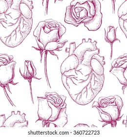 Vector seamless pattern with anatomical human heart and botanical roses. Hand drawn illustrations