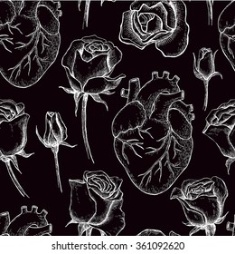 Vector seamless pattern with anatomical human heart and botanical roses. Hand drawn illustrations