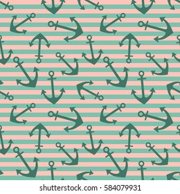 Vector seamless pattern with anchor, diagonal lines. Symmetrical background, nautical theme. Graphic illustration. Template for wrapping, backgrounds, fabric, prints, decor, surface.
