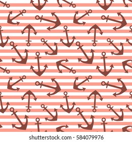 Vector seamless pattern with anchor, diagonal lines. Symmetrical background, nautical theme. Graphic illustration. Template for wrapping, backgrounds, fabric, prints, decor, surface.