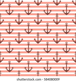 Vector seamless pattern with anchor, diagonal lines. Symmetrical background, nautical theme. Graphic illustration. Template for wrapping, backgrounds, fabric, prints, decor, surface.