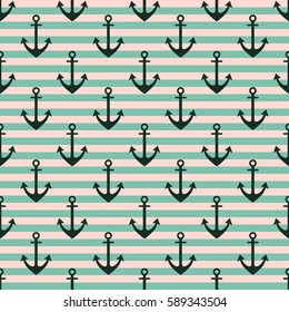 Vector seamless pattern with anchor, diagonal lines. Symmetrical background, nautical theme. Graphic illustration. Template for wrapping, backgrounds, fabric, prints, decor, surface
