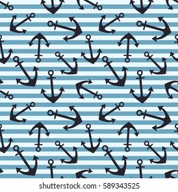 Vector seamless pattern with anchor, diagonal lines. Symmetrical background, nautical theme. Graphic illustration. Template for wrapping, backgrounds, fabric, prints, decor, surface