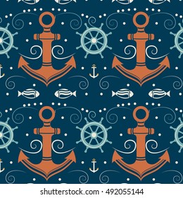 Vector seamless pattern with anchor, helm and fish. Marine background. Template for design banners, postcard, invitation, packaging, fabric, cover, poster, wrapping paper. Vintage style.