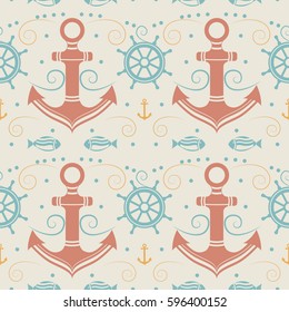 Vector seamless pattern with anchor, helm and fish. Marine background. Template for design banners, postcard, invitation, packaging, fabric, cover, poster, wrapping paper. Vintage style.