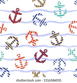 Vector Seamless pattern anchor on a background of waves.Seamless pattern can be used for wallpaper, pattern fills, web page backgrounds, surface textures.