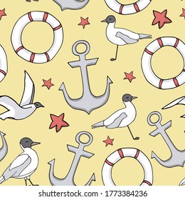 Vector seamless pattern with anchor, seagulls and lifebuoy. Cartoon nautical elements on yellow sand background. Summer trip. Cute kids illustration for textile, print, cover, decoration, wallpaper