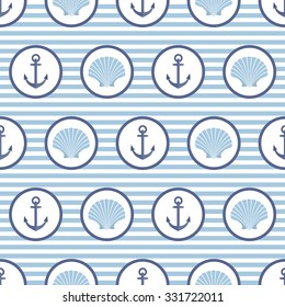 vector seamless pattern with anchor and seashell on striped background