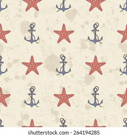 vector seamless pattern with anchor and starfish  on grunge background with stains
