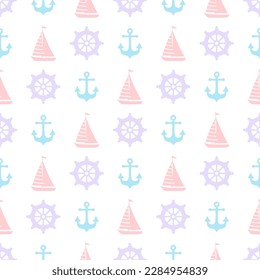 vector seamless pattern with anchor, steering wheel and sailboat on white background, colored nautical theme, template for wrapping, backgrounds, fabric, prints, decor, flat design