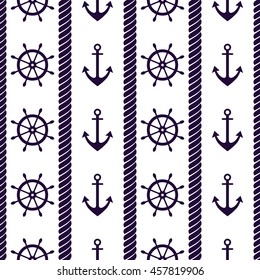 Vector seamless pattern with anchor, steering wheel and rope. Creative geometric symmetrical background, nautical theme. Graphic illustration.  