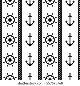 Vector seamless pattern with anchor, steering wheel and rope. Creative geometric symmetrical background, nautical theme. Graphic illustration. Black and white.