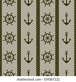Vector seamless pattern with anchor, steering wheel and rope. Creative geometric symmetrical background, nautical theme. Brown Graphic illustration..
